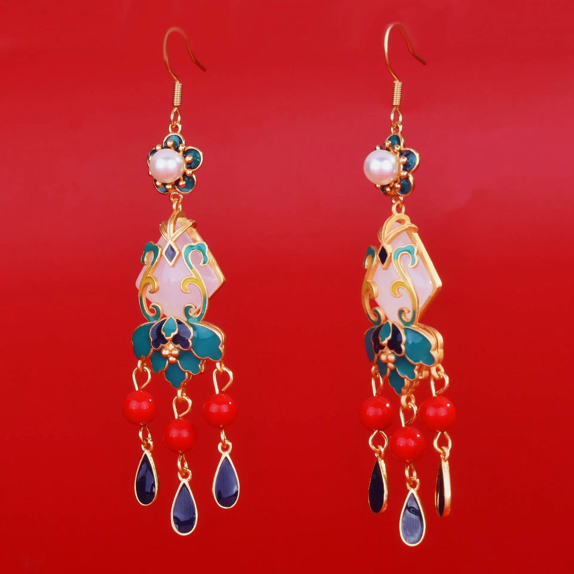 Ancient inheritance of gilt craftsmanship Hetian jade earrings women's silver stud earrings fringed earrings