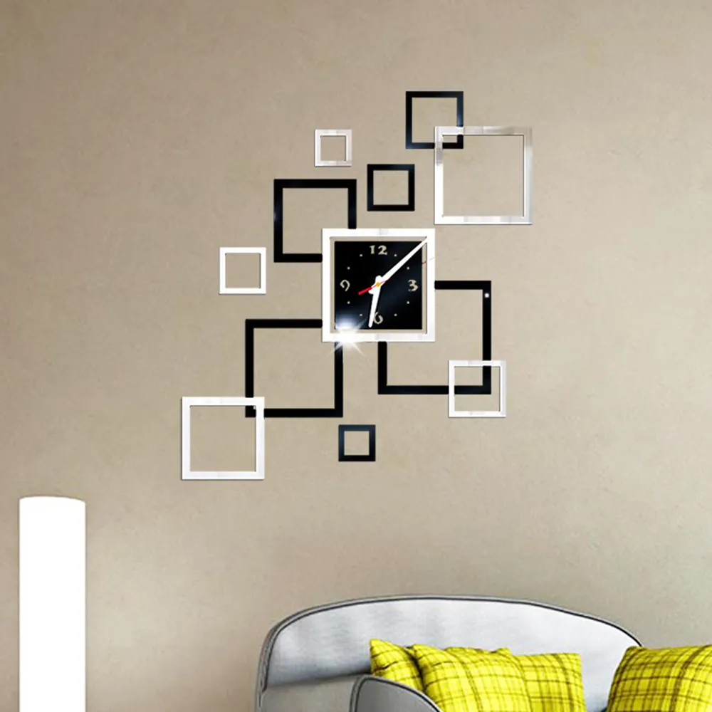 3d Diy ساعة حائط المنزل الاكريليك مرآة مربع الجدار ملصق للإزالة على مدار الساعة الموضة الحديثة تصميم ملصق جدارية ديكور المنزل