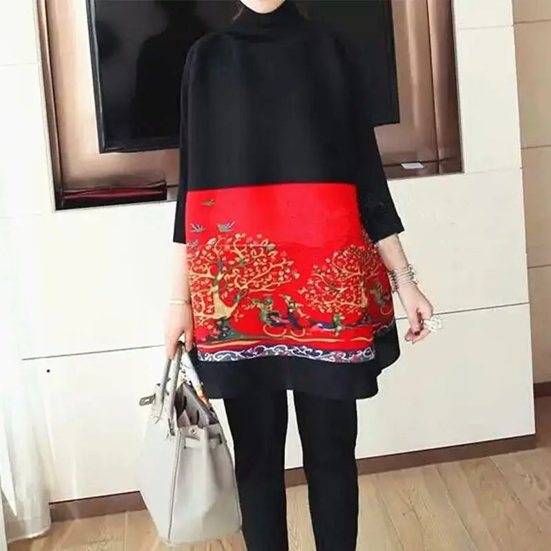 2025年春新作 カラーマッチングプリント 大きめサイズ プリーツTシャツ レディースファッション レトロ ゆったり ミディアム丈トップス