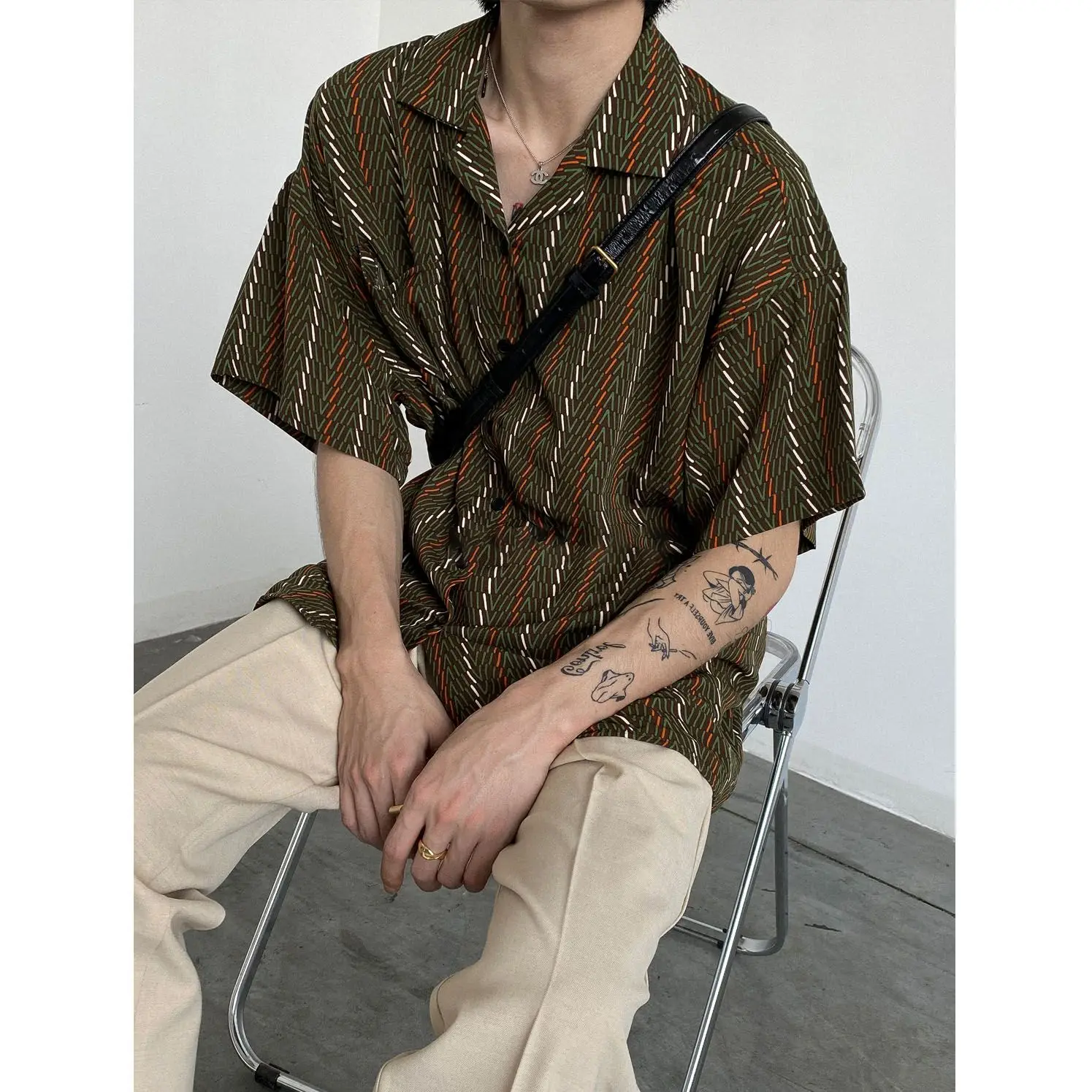 

Korean style simple summer new style men Japanese retro pajamas collar loose casual versatile short-sleeved niche floral shirt