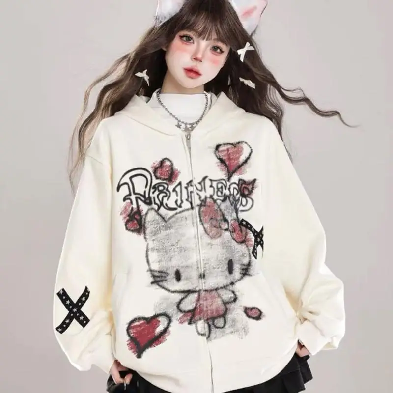 

Kawaii Hello Kitty, милый кардиган с капюшоном, толстовка с длинными рукавами для девочек, милое популярное свободное пальто для девочек, повседневное универсальное пальто для пар ﻿