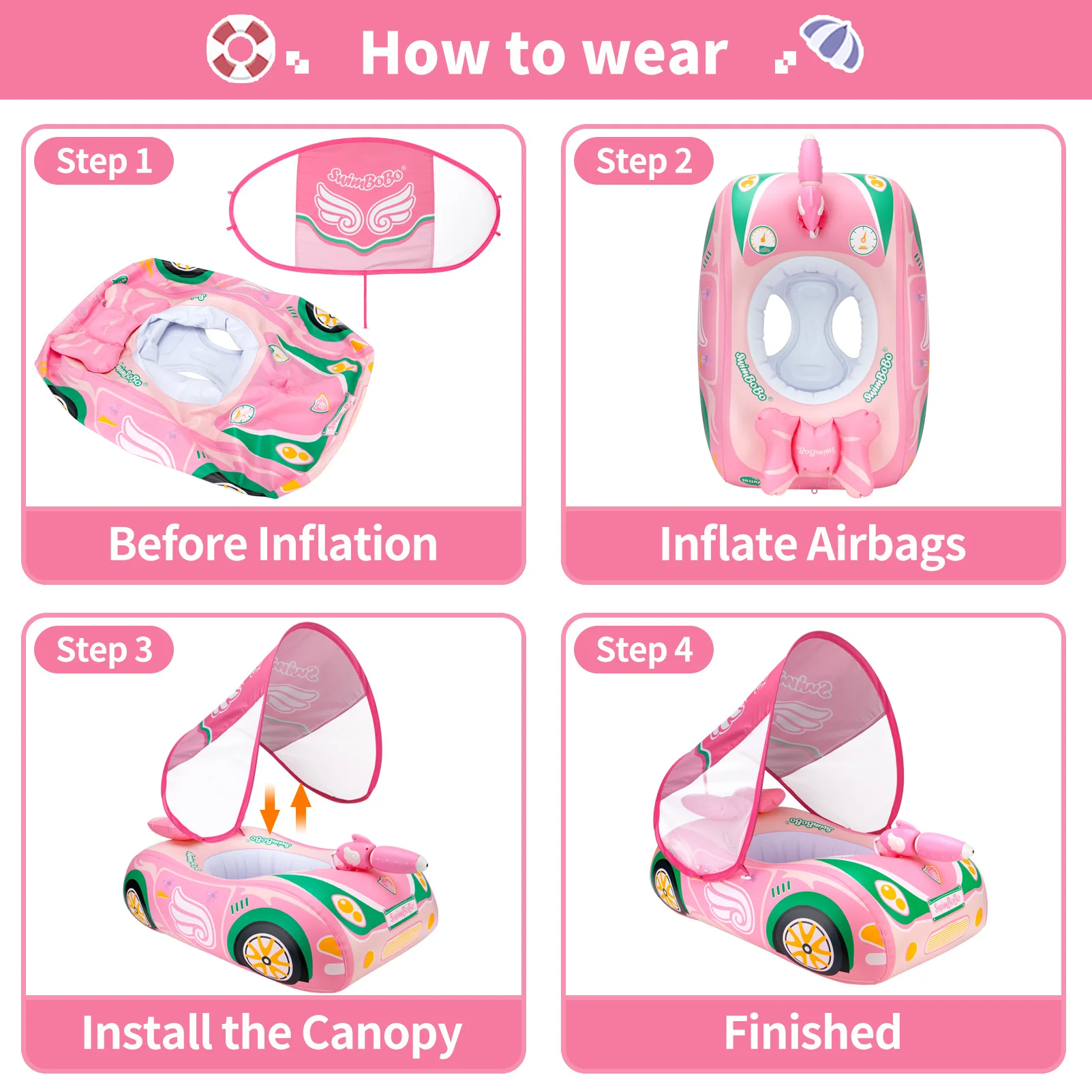 Swimbobo الوردي الاطفال نفخ الأطفال لطيف مقعد السباحة قارب العائمة مدفع المياه طفل لعبة الماء الطفل حلقة تعويم مع المظلة