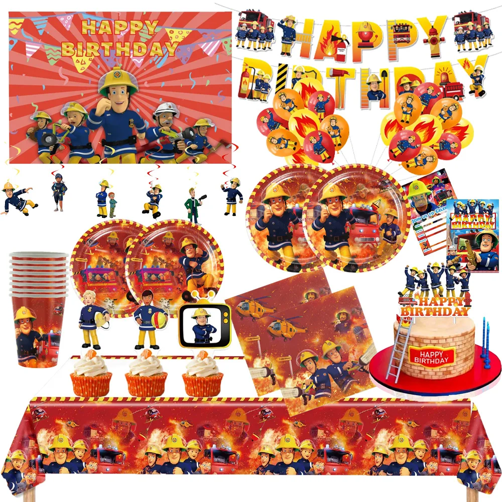 Fireman Sam Theme Birthday Party Tableware Tablecloth Paper Cup Plate Fire Truck Balloons Party Supplise Boy Baby Shower Decor