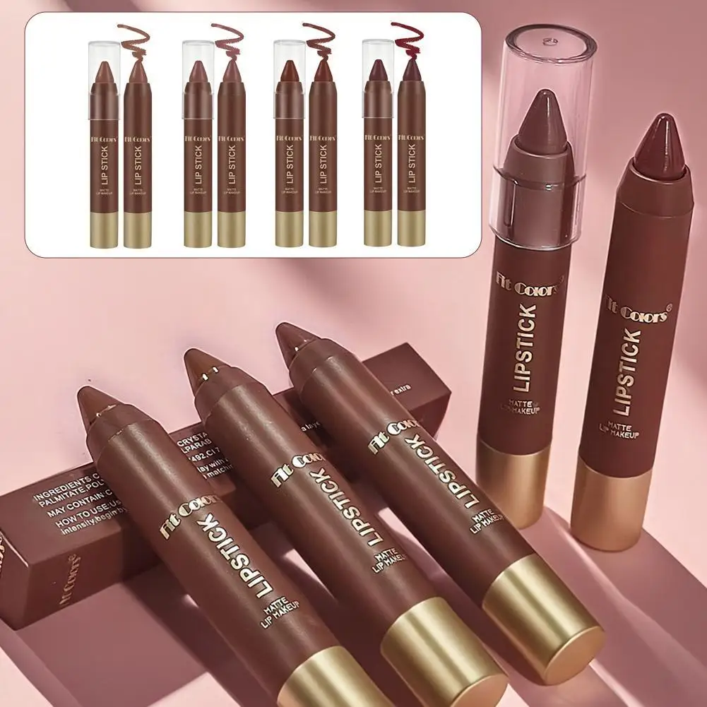Penna per rossetto opaco a 4 colori Matita per labbra sfumata Rossetti al cioccolato marrone rosso Matita duratura Trucco labbra donna sexy impermeabile