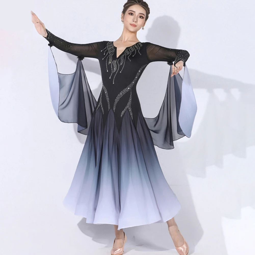 

Streamer Party Black Ballroom Dance Standard Dress Rhinestone New Waltz Ballroom Competition Long Sleeve Gradient Temperament