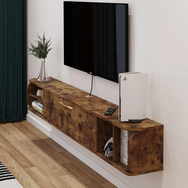 Floating TV Unit, 58'' Wall Mounted TV Cabinet, Floating Shelves with 4 Cabinets, Wooden Entertainment Media Console Center