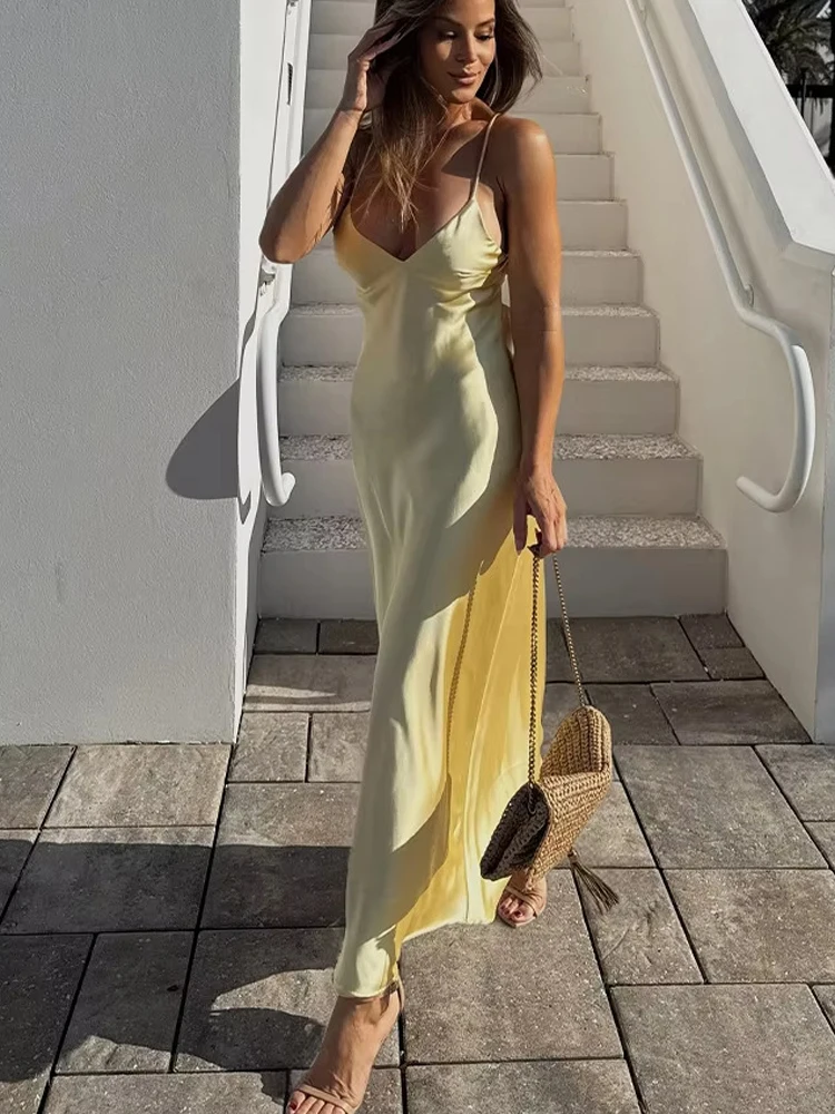 FSMG mode jaune sans manches taille haute col en V longues robes élégant Satin Sexy dos nu fronde jupe soirée Robe dame
