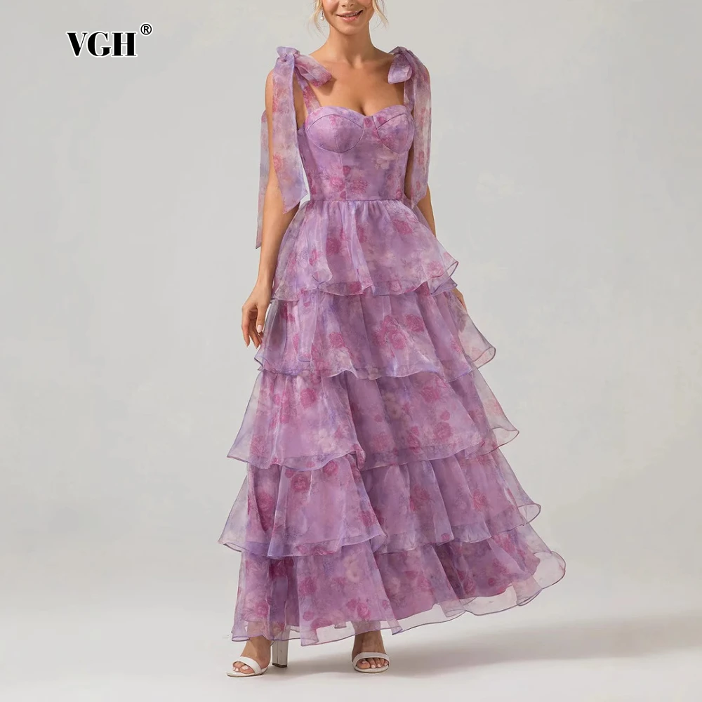 

VGH Floral Printing Spliced Lace Up Dress for Women Off The Shoulder High Waist Patchwork Tiered Mesh Party Long Dresses Female