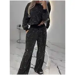 Sequined Loose Fit Top Pullover and Wide Leg Pants Outfits 2 Piece hoodie set