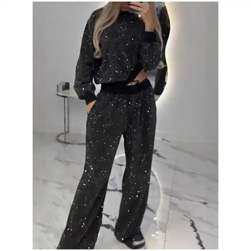 Sequined Loose Fit Top Pullover and Wide Leg Pants Outfits 2 Piece hoodie set