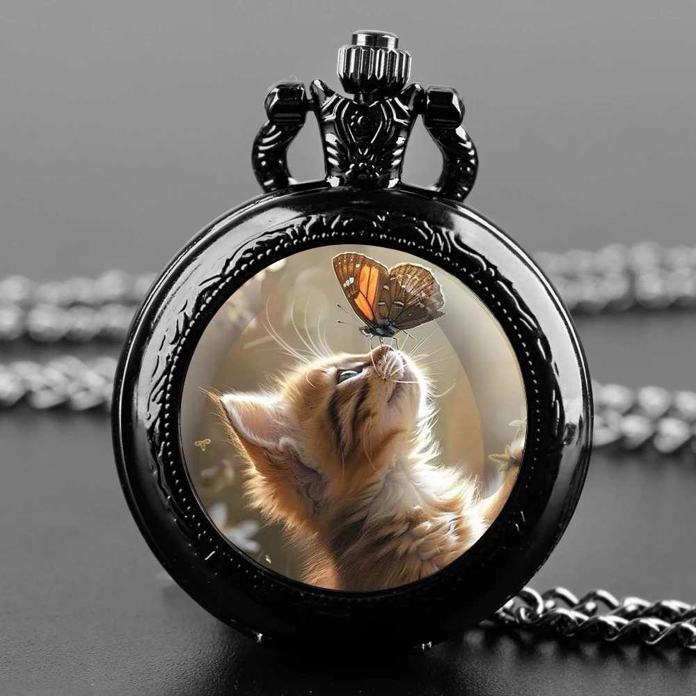 The Butterfly and Cat Glass Dome Quartz Pocket Watch With Durable Chain Arabic Numeral Dial Creative Gifts for Men Women