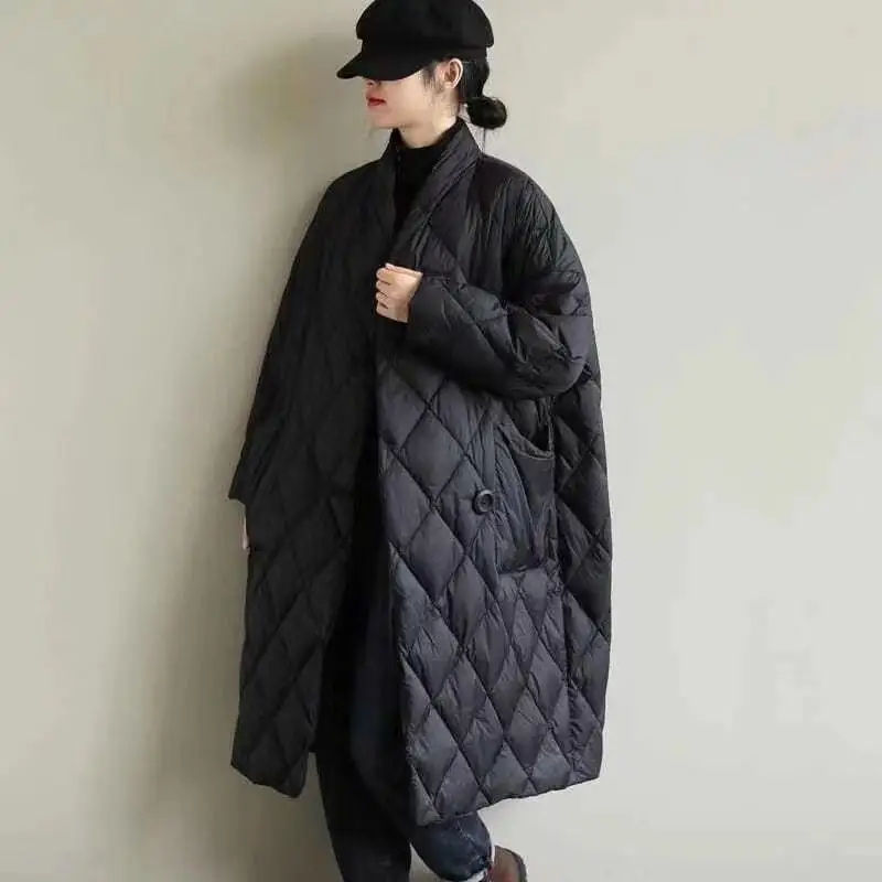 Women's autumn and winter loose artistic stand up collar solid color pressed line grid medium long thin warm cotton jacket