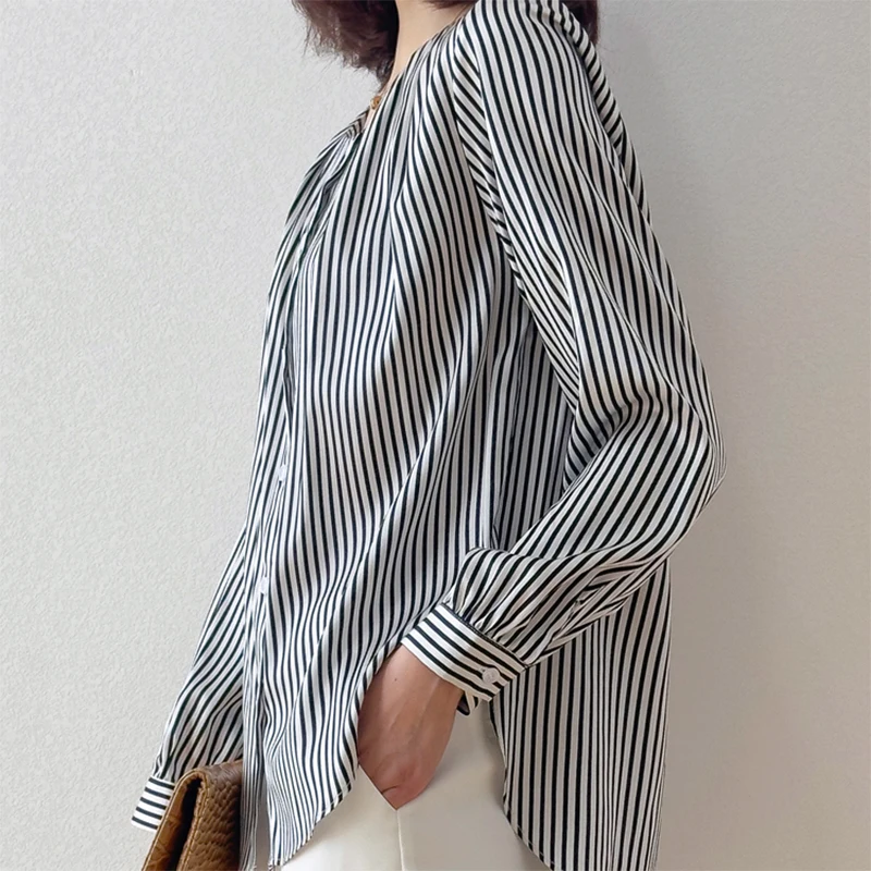 Women Shirt 93% Mulberry Silk 7% Spandex 19 Momme White Black Striped Printed Long Sleeve Top Blouse office work M L XL M1069