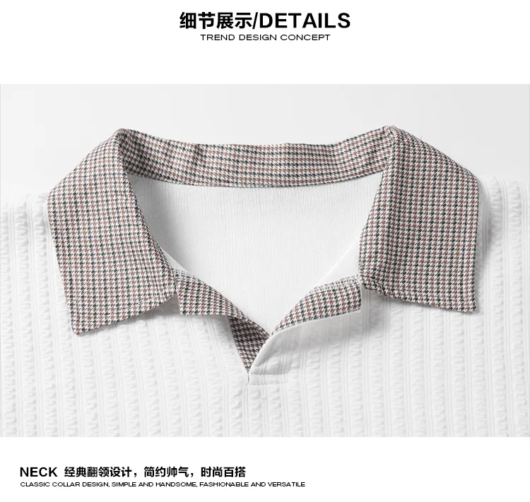 Herren-Polohemd mit Textur, langen Ärmeln, Kontrastkragen im Karomuster, lockere Passform, vertikale Streifen, Strickoberteil, lässiger Stil, Streetwear, für den täglichen Gebrauch. – Detail 12