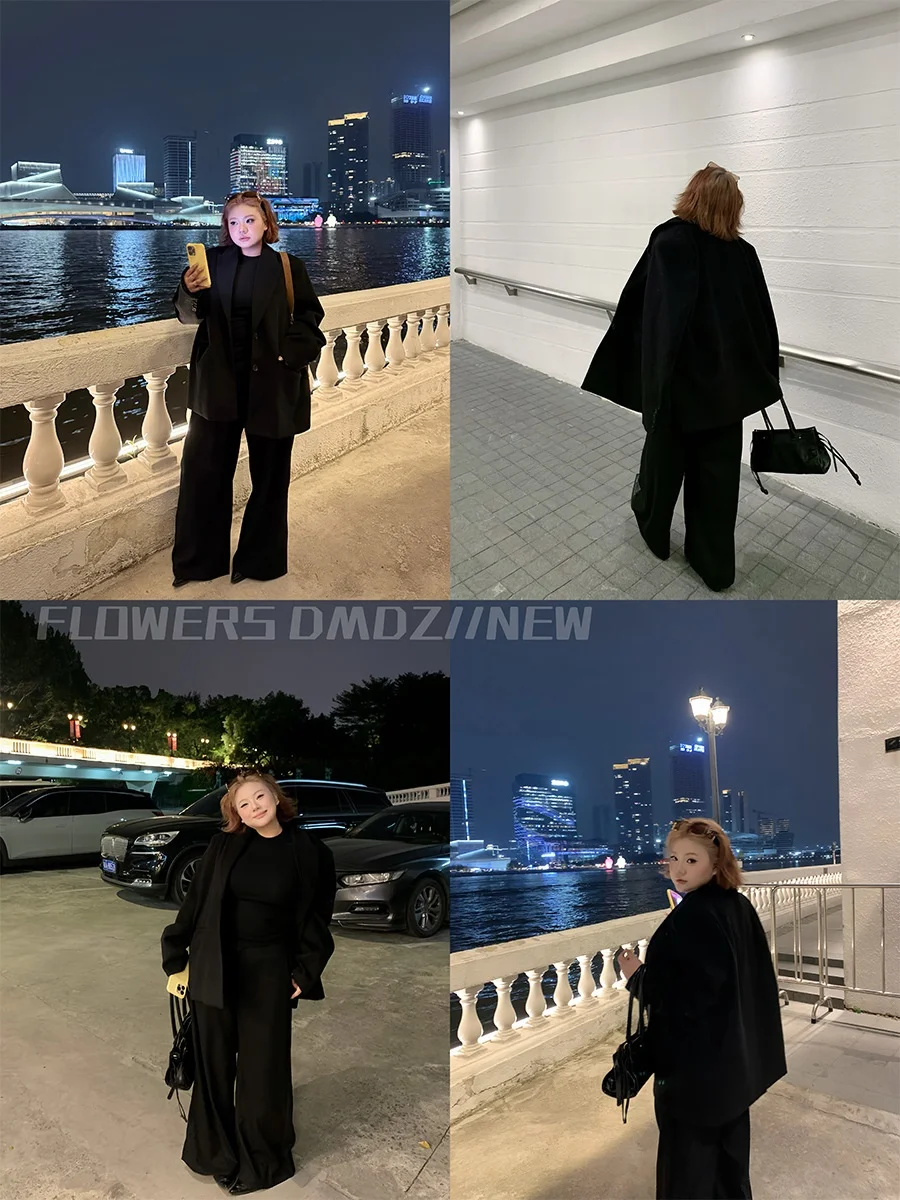 

Elegant Black Woolen Jacket Large Size Casual Style Women's Suit Coat Asymmetrical Slit Long Sleeve Polyester Fiber