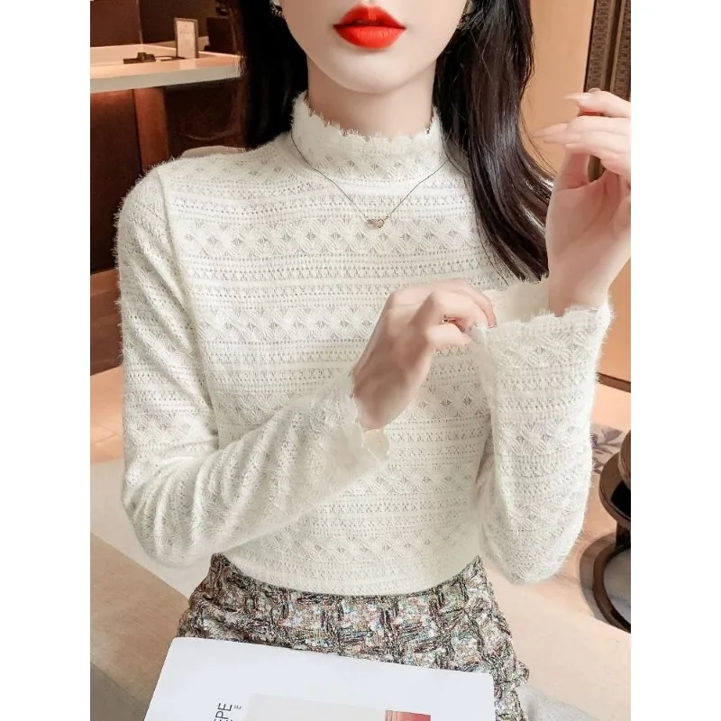 

Основание футболки с полувысоким воротником и бархатной кружевной тройкой, новый женский осенне-зимний стиль, теплый универсальный элегантный топ для интерьера