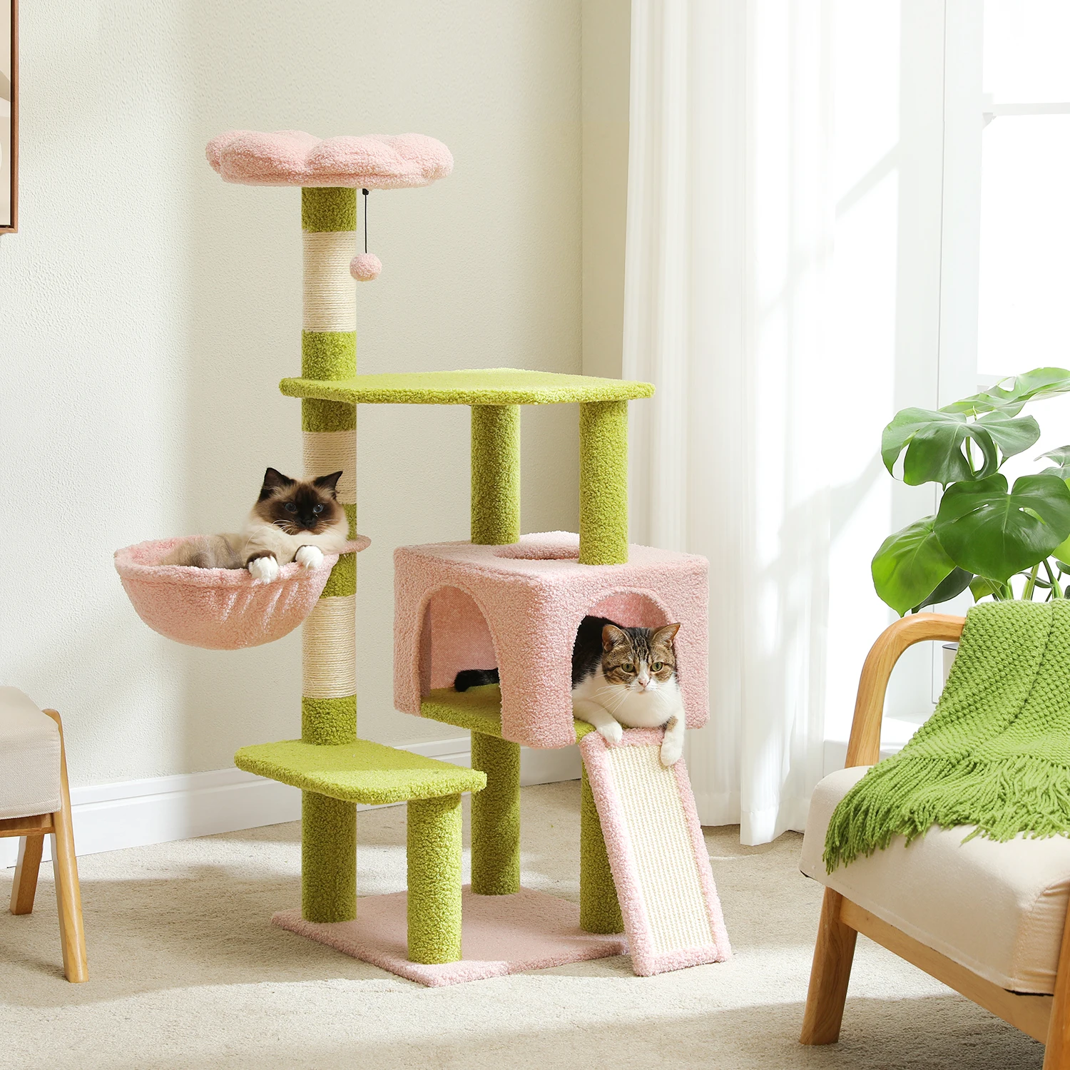 

Flower Cat Tree, Multi-Level Cat Tower with Sisal Scratching Posts, Top Perch, Ramp Ladder, Cozy Cat Condo for Indoor, Cat Toys