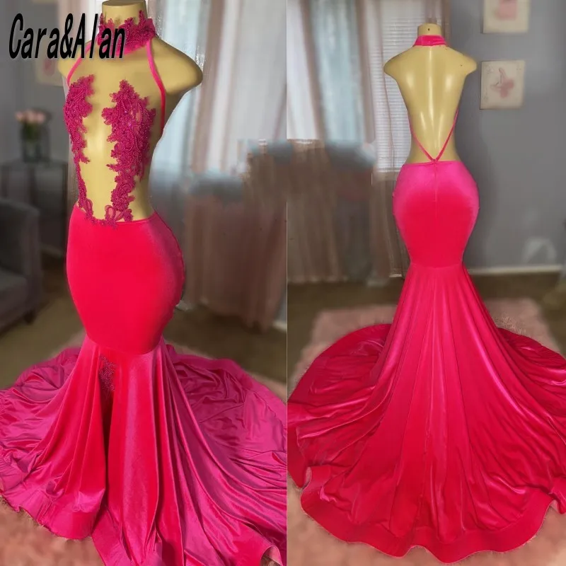 Sexy Rugloze Kant Magenta Prom Dresses Voor Vrouw 2024 Halter Kralen Fluwelen Zeemeermin Feestjurken Verjaardag Outfits Lang