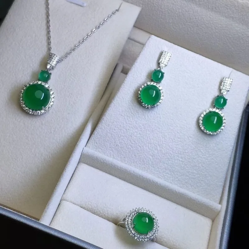 Emerald Chalcedony Set Jewelry Earrings Ring Necklace Three-piece Set Green Agate