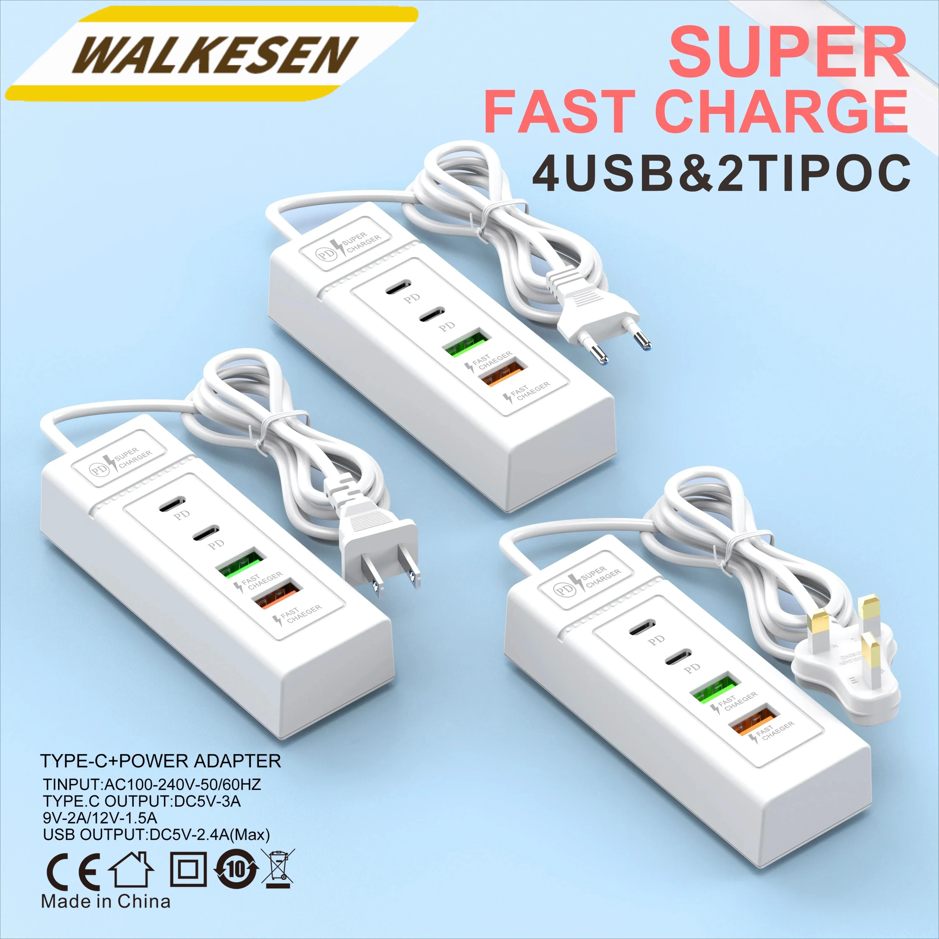 USB Charger Fast Charging 4 Port Type C Phone Charger Wall Adapter For iPhone 15 14 Samsung Xiaomi 14 Huawei QC3.0 Power Adapter