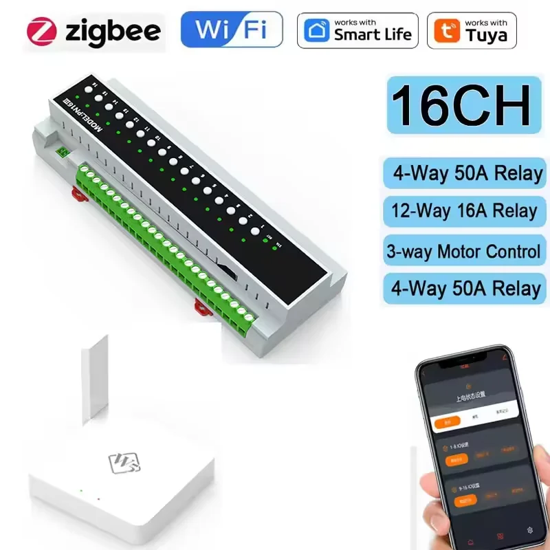 Tuya Smart WiFi Zigbee 16 CH Modulo interruttore relè On Off Modulo di controllo SAAS Nodo secco Modulo di alimentazione corrente debole + W5 Zigbee Gateway
