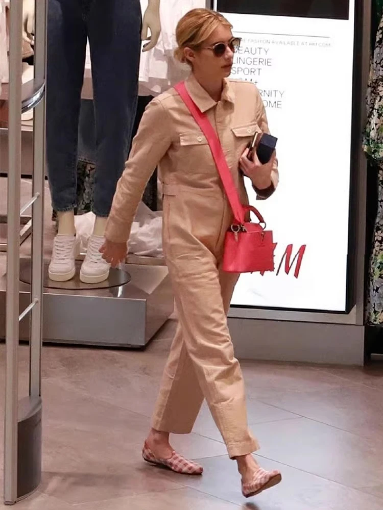 

Emma Roberts High Waist Pants Khaki Color OL Commute Elegant Casual Pants Women Spring Season Cotton Material