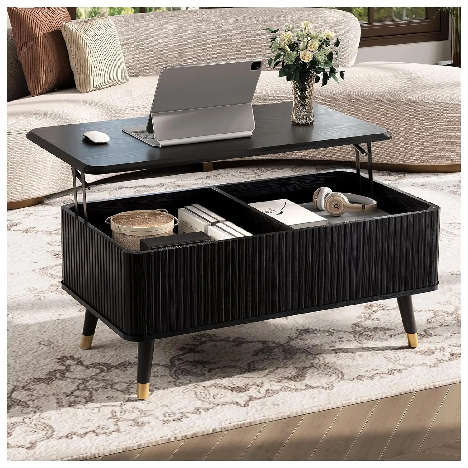 

Lift Top Coffee Table with Storage,Fluted Coffee Table with Lifting Top,Mid Century Modern Center Table with Solid, Customized