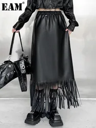 [EAM] High Elastic Waist Black Pu Leather Tassels Spliced Long Half-body Skirt Women Fashion Tide New Spring Autumn 2024 1DH6953