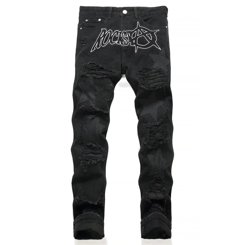 Jeans rasgado preto masculino, calça casual skinny, streetwear, bonito, motocicleta, personalidade, punk, marca de moda