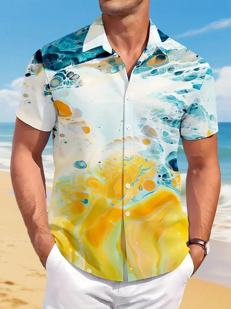 

Hawaiian Men's Colorful Shirt 2025 Vacation Short Sleeve Beach Shirt Clothing Holiday Trendy Loose Button Down Shirts For Man
