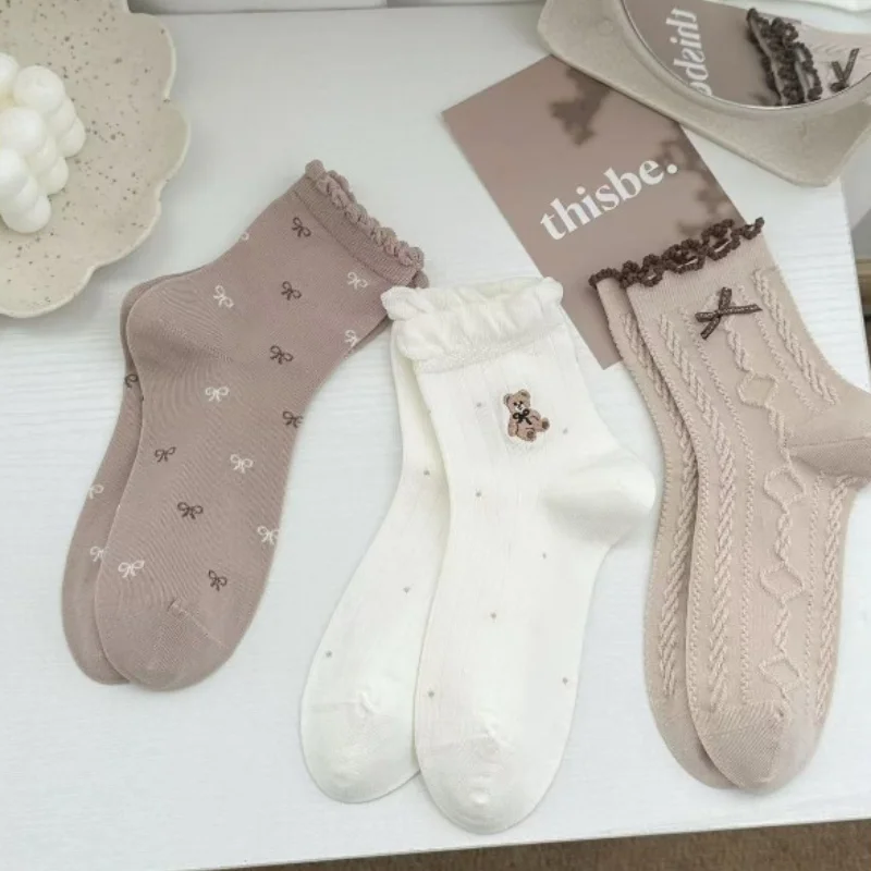 3 Pairs Autumn and Winter Fashionble New Medium Tube Socks Brown White Socks Light Color Medium Tube Socks Women's Socks 2026