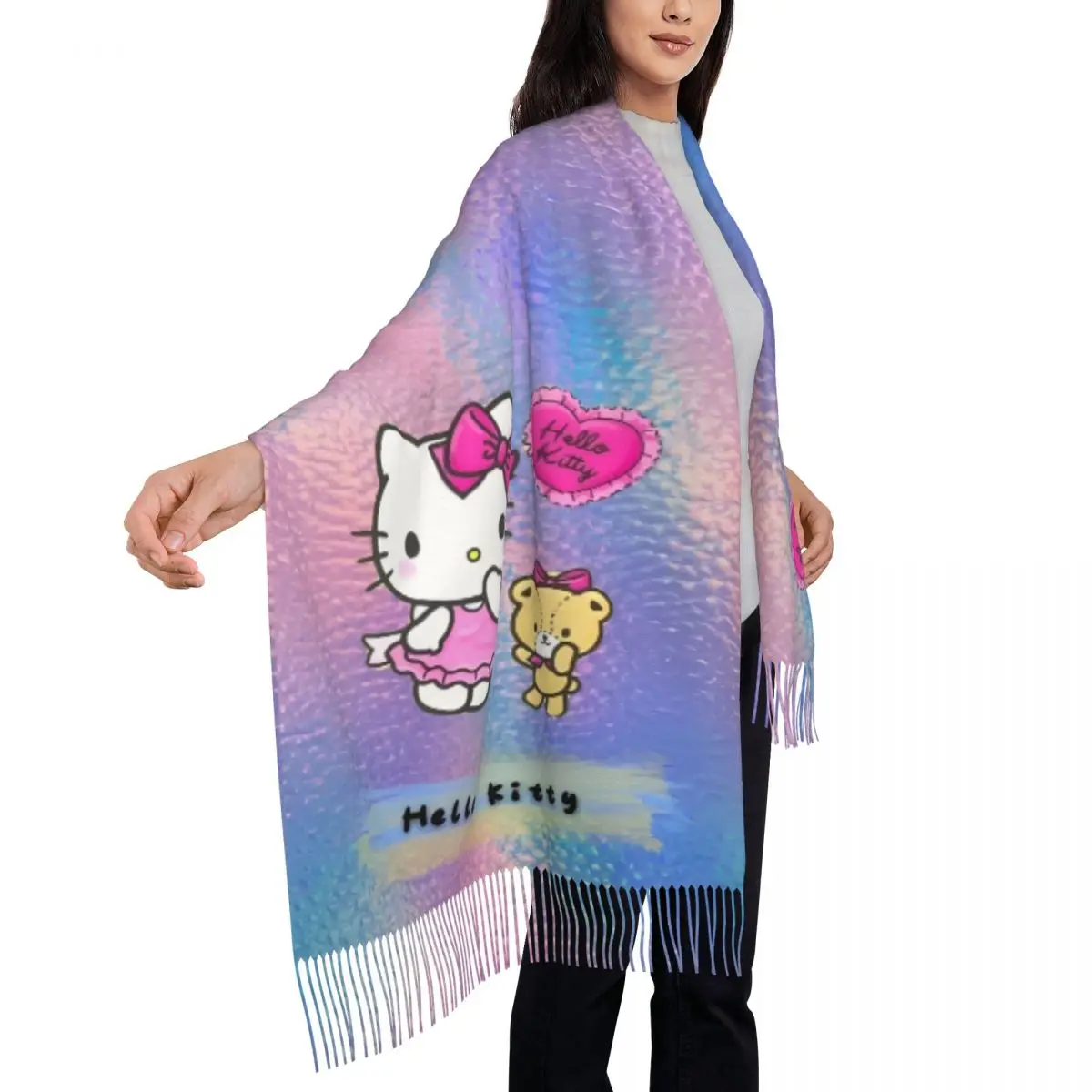 مرحبا كيتي قوس قزح طباعة (2) وشاح المرأة الأوشحة الكبيرة مع شرابة الشتاء شالات الرجعية ويلتف في الهواء الطلق مخصص لتقوم بها بنفسك Bufanda #4