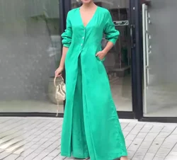 Fashionable Jump Suits for Women 2024 Summer Solid V-neck Long Sleeved Sexy Versatile and Waist Cinching Conjoined Body Pants