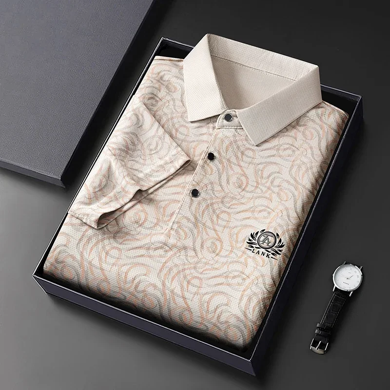 Mens Casual Printed Polo Shirt Short Sleeve Embroidered Ice Silk Lightweight Breathable Summer Top