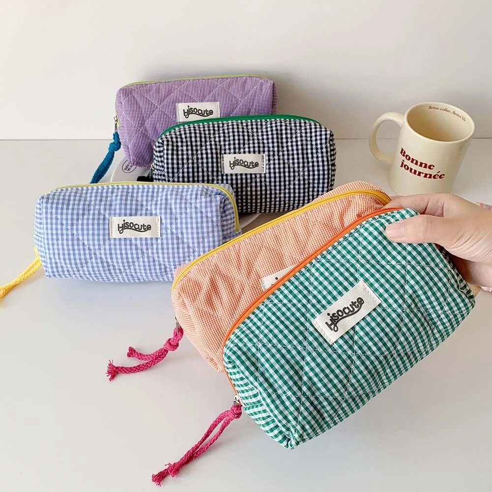 Grid Pattern Stationery Bag Desktop Storage Black/Green/Blue/Purple Korean Style Pencil Case Soft Aesthetic Grid Pencil Pouch