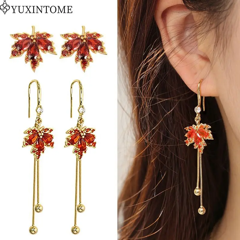 

Luxurious 925 Sterling Silver Ear Needle Red Crystal Maple Leaf Serie Earrings Tassel Earrings Fashion Wedding Jewelry For Women