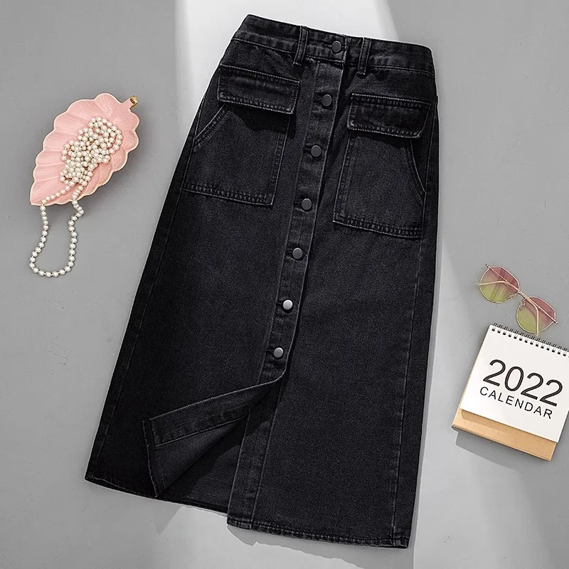 Respzed-Jupe en jean noire pour femme, taille haute, simple boutonnage, ligne A, élégante, fente, midi, automne, nouveau