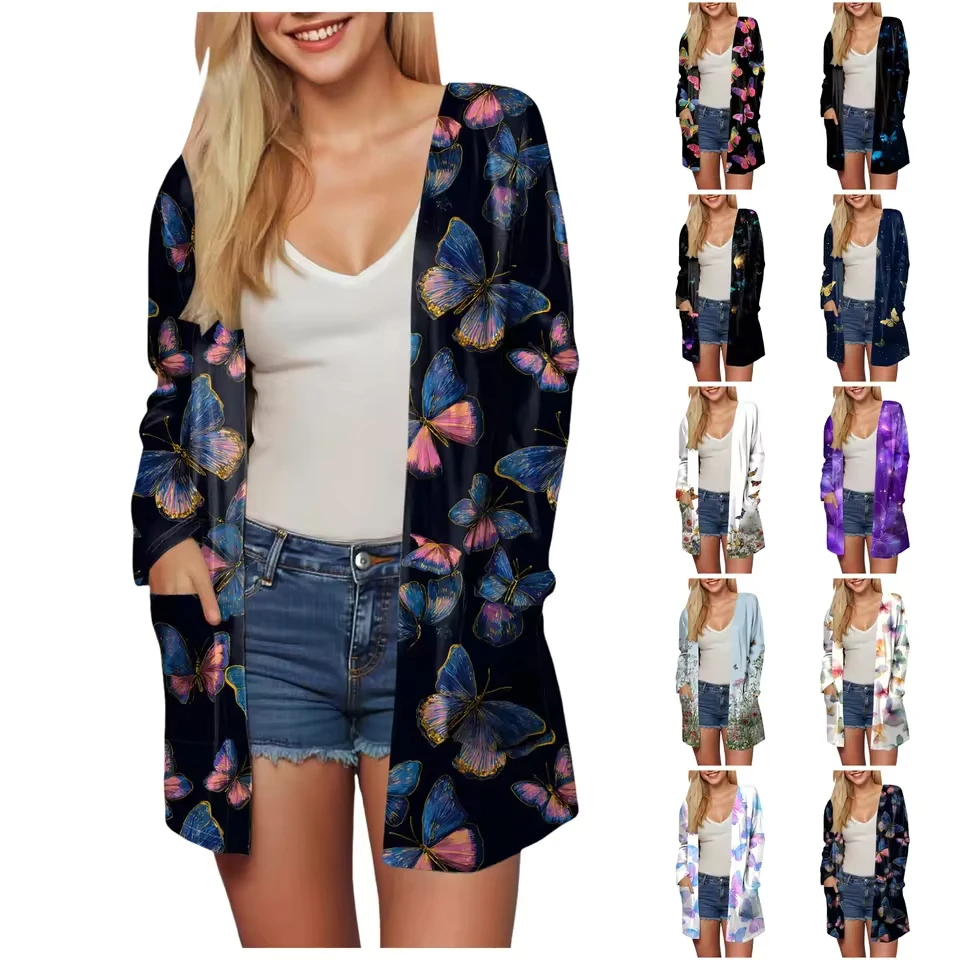 Women Flowers Print Pocket Cardigan Long Sleeve Midi Length Casual Ladies Korean Fashion Casual Loose Zip Up Jackets
