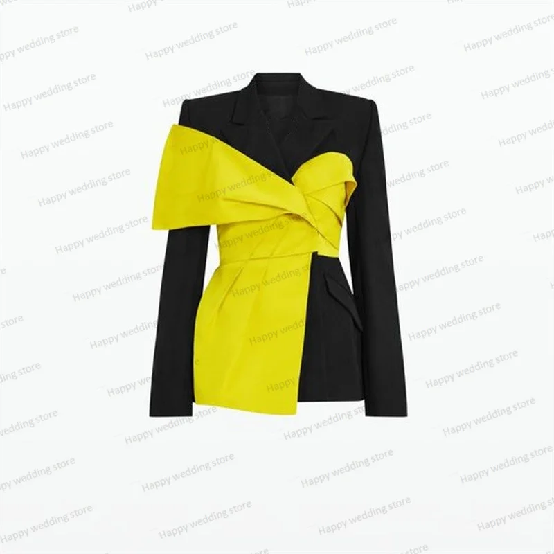 Black Women Pants Suits Set 2 Pieces Blazer+Trousers Jacket With Yellow Strap Prom Dress Formal Office Lady Coat Custom Made