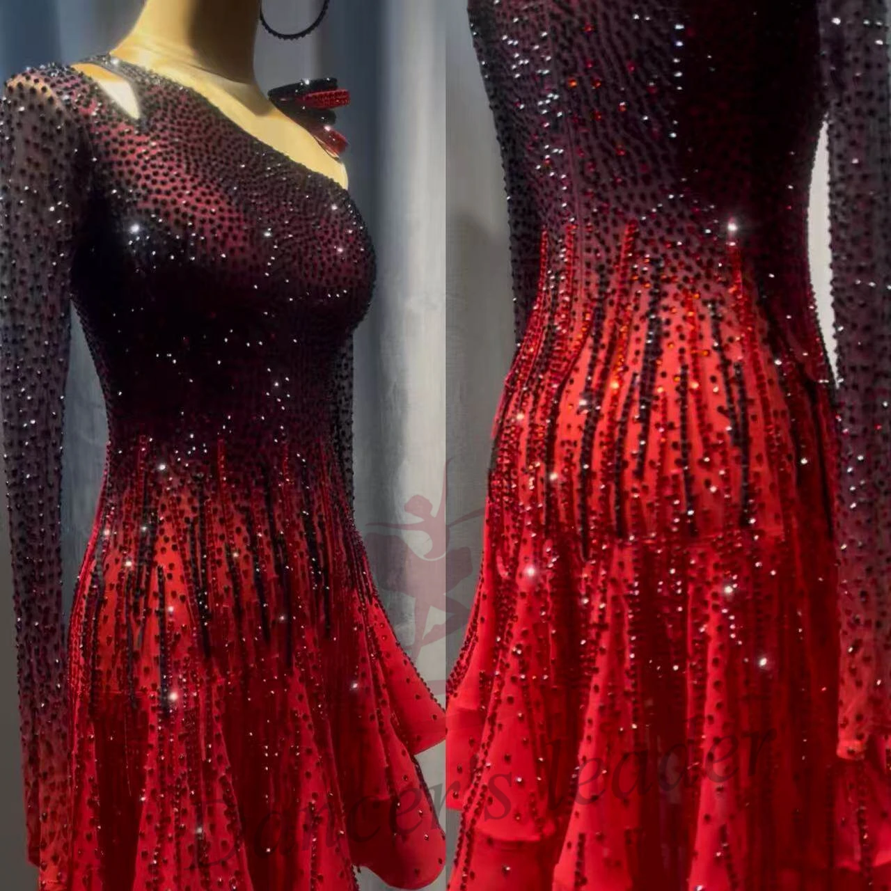 Latin Dance Adult Children's Dress AB Stone High-End Custom Fishbone Wave Long Sleeved Samba Tango Women's Clothing