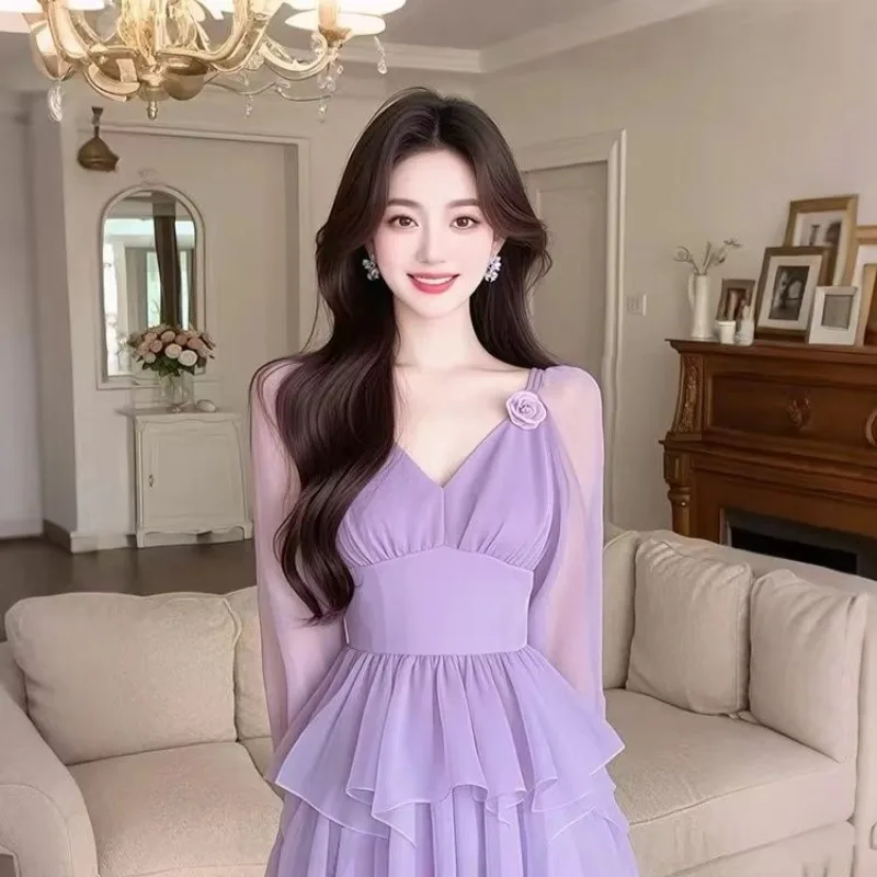 OCEANLOVE Purple Solid Women Dresses Ruffles Spring Summer Flowers Vestidos Muer French Style Vintage A-line Long Dress