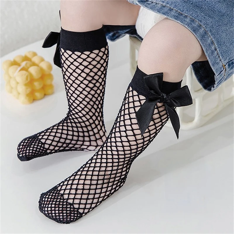 Lace Hollow Out Bow Socks Sweet Adorable Lovely Mesh Fishnet Girls Mid-Calf Long Socks Summer Kids Girls Hosiery Stockings