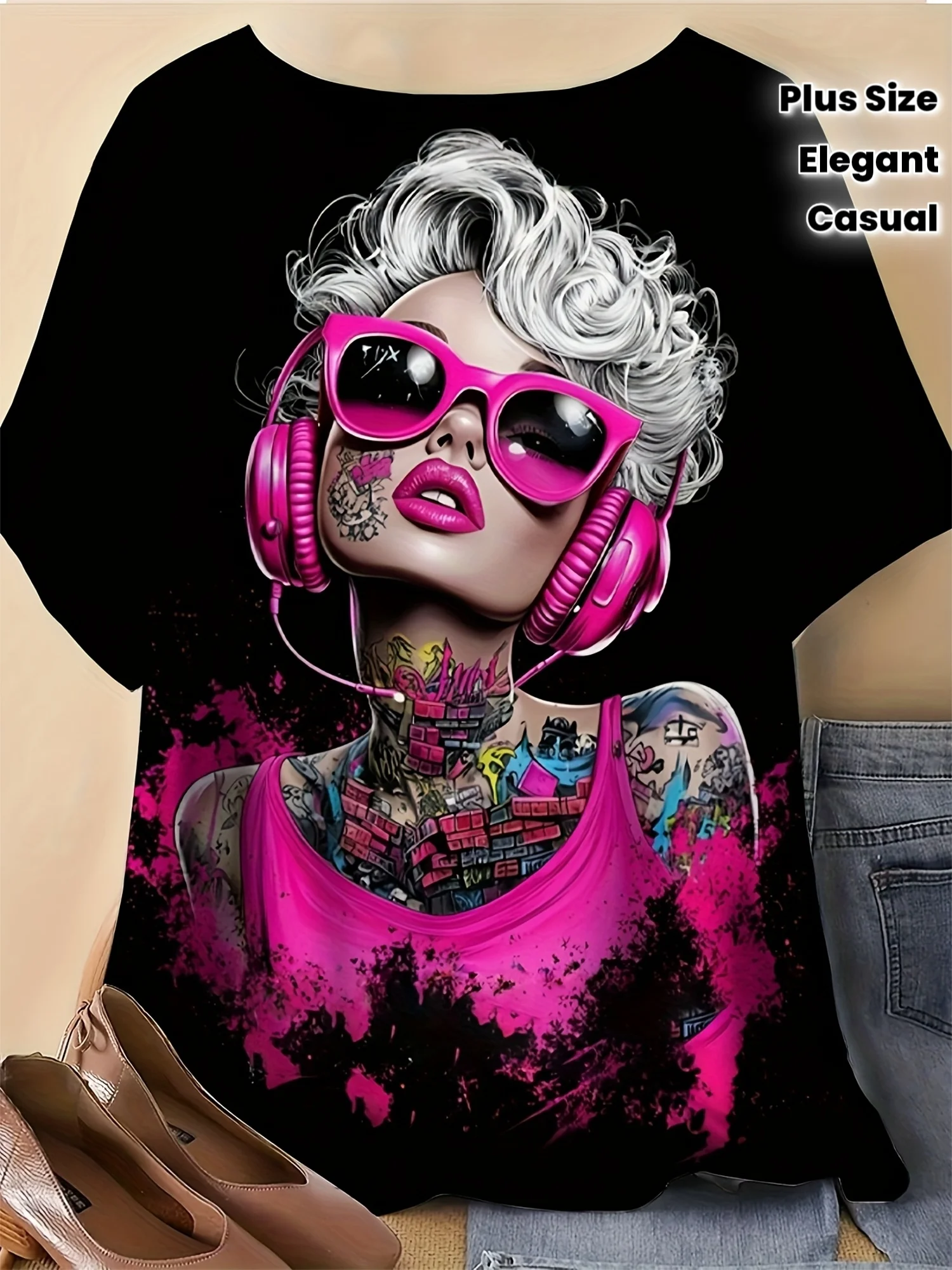 Women Punk Rock Girl Headphone Sunglass Tattoo Print T‑Shirt,O‑Neck Short Sleeve Streetwear Casual Summer Blouse Tops
