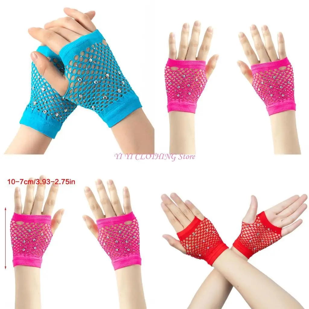 N5KF ملهى NIGHT على غرار القفازات قصيرة الشبكة نمط الراين ، الديكور مرنة نايلون يدوية #1