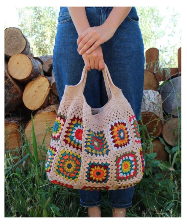 Colorful crochet boho chic granny square Gran Tote handbag Beige blue market bag Vintage Style Hippie summer beach bag