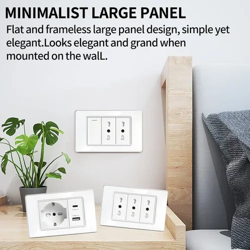 Imagen 2 del producto Toma de pared inteligente de vidrio templado de 118x75 mm: carga rápida USB-C PD 3.0 y combinación de enchufe Schuko Italia/Chile ​   Conmutador