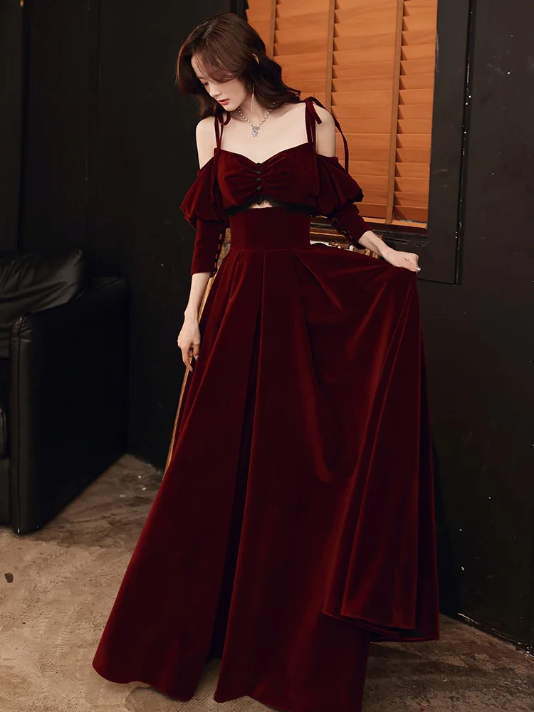 New Spaghetti Straps Evening Dress Off The Shoulder Ruched A-Line Floor-Length Luxurious Burgundy Simple Party Formal Gown