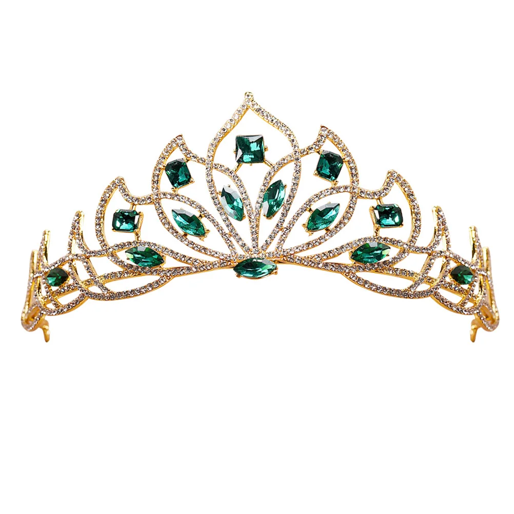 

Magnificent European Bridal Crown Imitation 18K Gold Olive Green Crystal Rhinestone Women Wedding Pageant Hair Jewelry