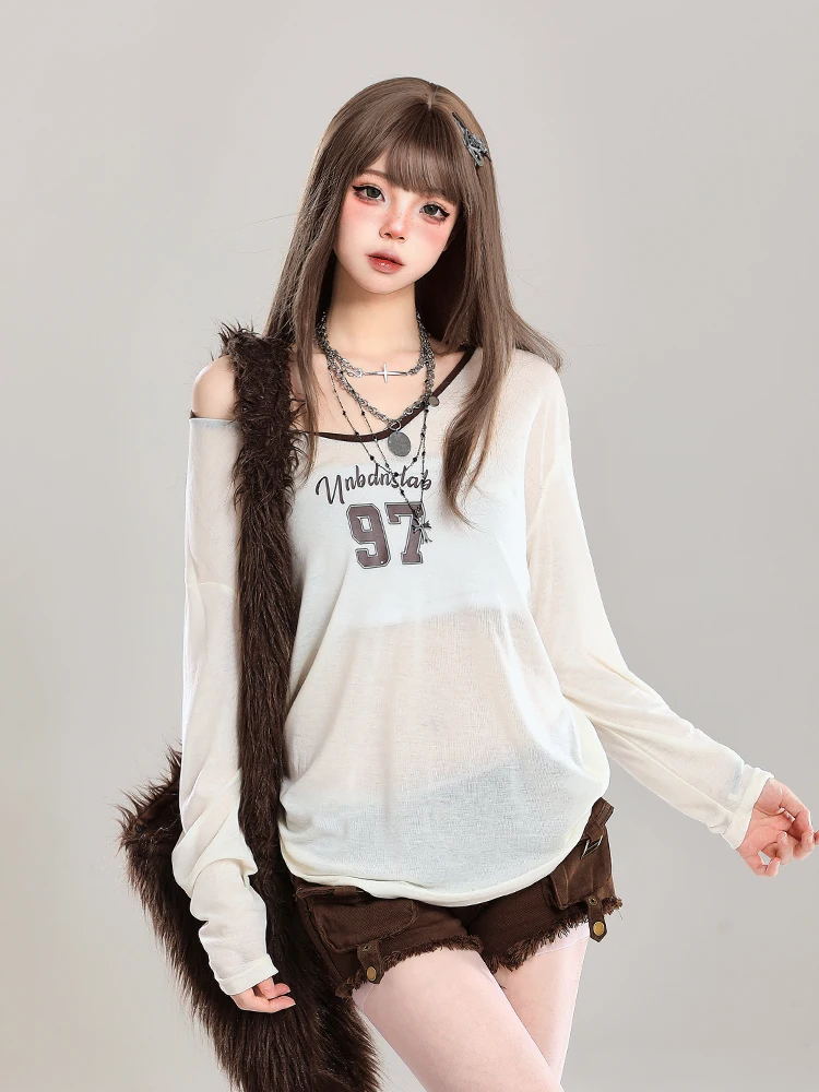 Retro American Sweet Spicy Girl Pure Desire Thin Long Sleeve Cover up Top Loose Casual Summer New Style Women's T-shirt