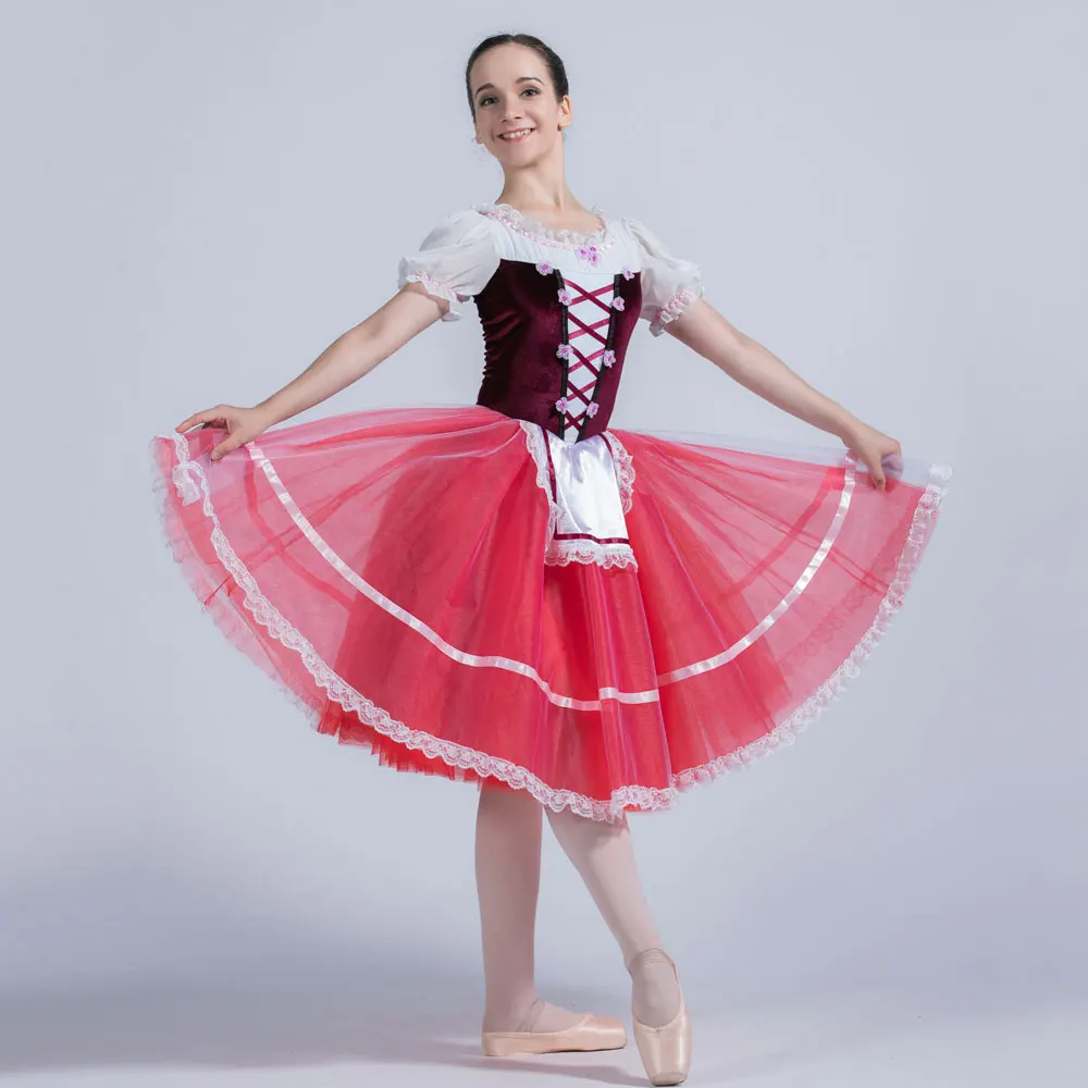 20017 Adult Girls Puff Sleeves Romantic Ballet Dance Tutu Stage Performance Costume Ballet Tutu  with Red Tulle Skirt